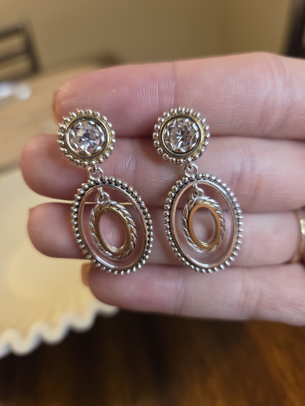 Vintage Two-Tone Silver Gold Crystal Dangle Earrings